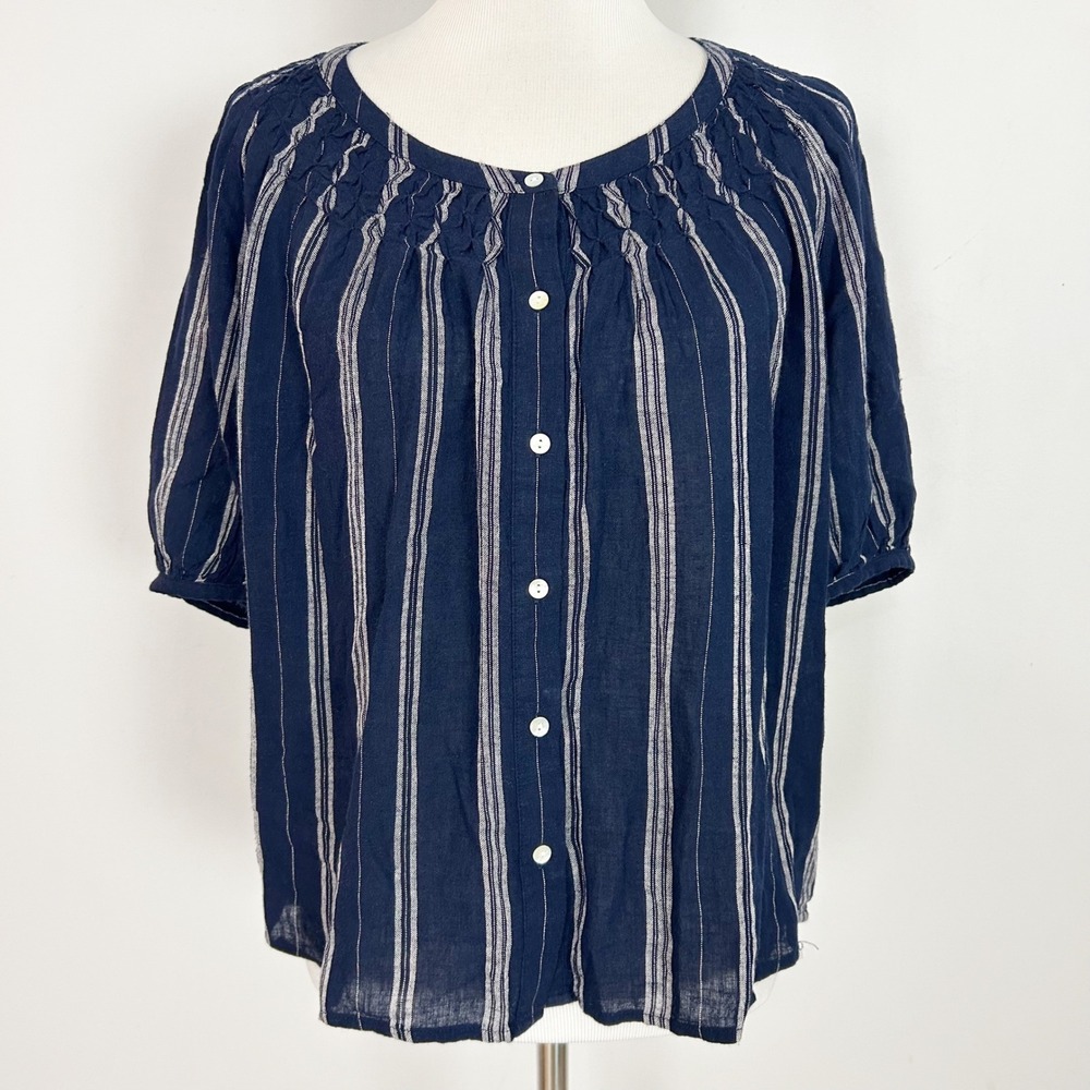 Rails Top Navy Blue White Striped Smocked Button Front Size Small Women
